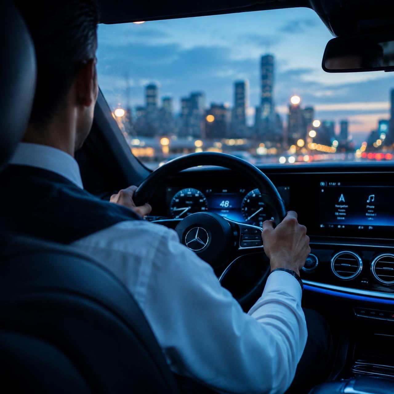 Professional driver at the wheel at dusk